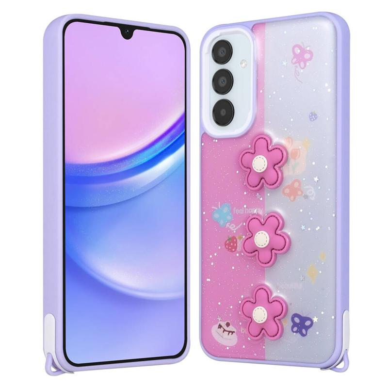 Forzacase Samsung Galaxy A35 ile uyumlu Cute Serisi Parlayan Simli Kabartma Figürlü Kılıf