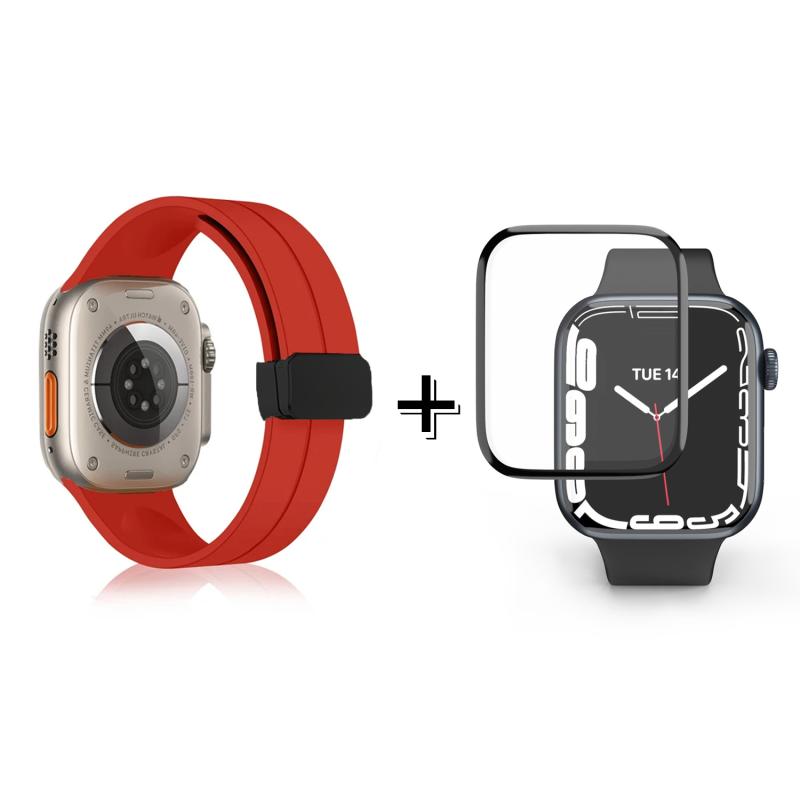 Forzacase Apple Watch 9 45 mm için Manyetik Tokalı Silikon Kordon Kayış + Ekran Koruma Filmi - FC272