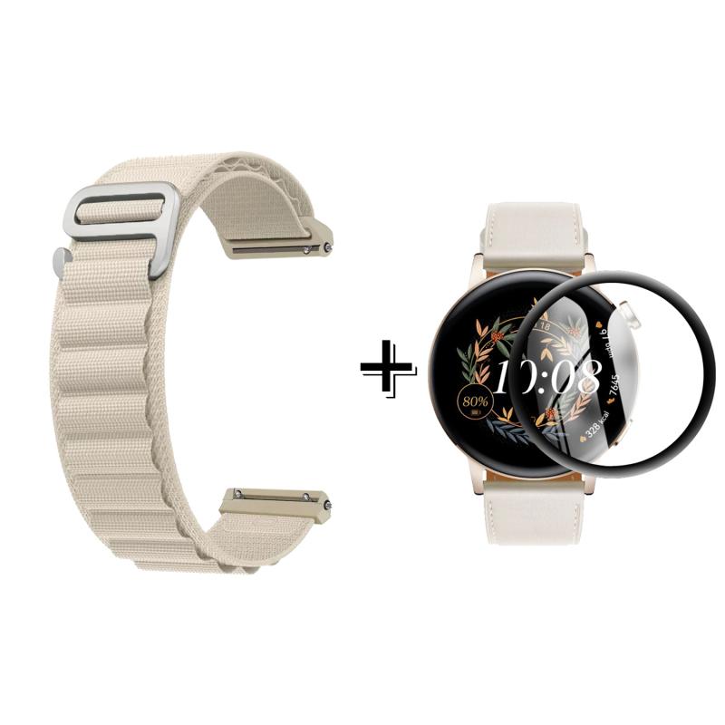Forzacase Huawei Watch GT3 42mm için Kancalı Kumaş Kordon Kayış + Ekran Koruma Filmi - FC246