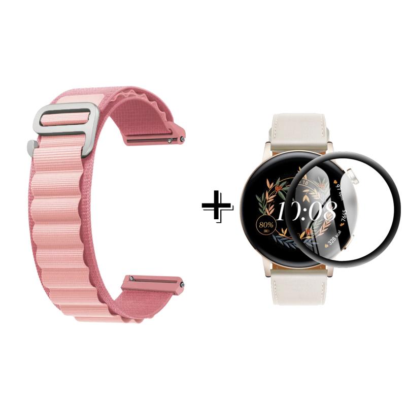 Forzacase Huawei Watch GT3 42mm için Kancalı Kumaş Kordon Kayış + Ekran Koruma Filmi - FC246