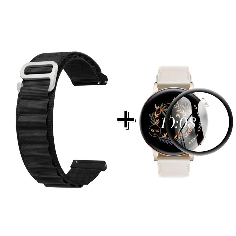 Forzacase Huawei Watch GT3 42mm için Kancalı Kumaş Kordon Kayış + Ekran Koruma Filmi - FC246