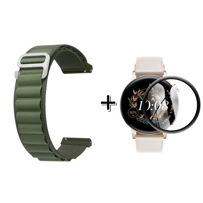 Forzacase Huawei Watch GT3 42mm için Kancalı Kumaş Kordon Kayış + Ekran Koruma Filmi - FC246