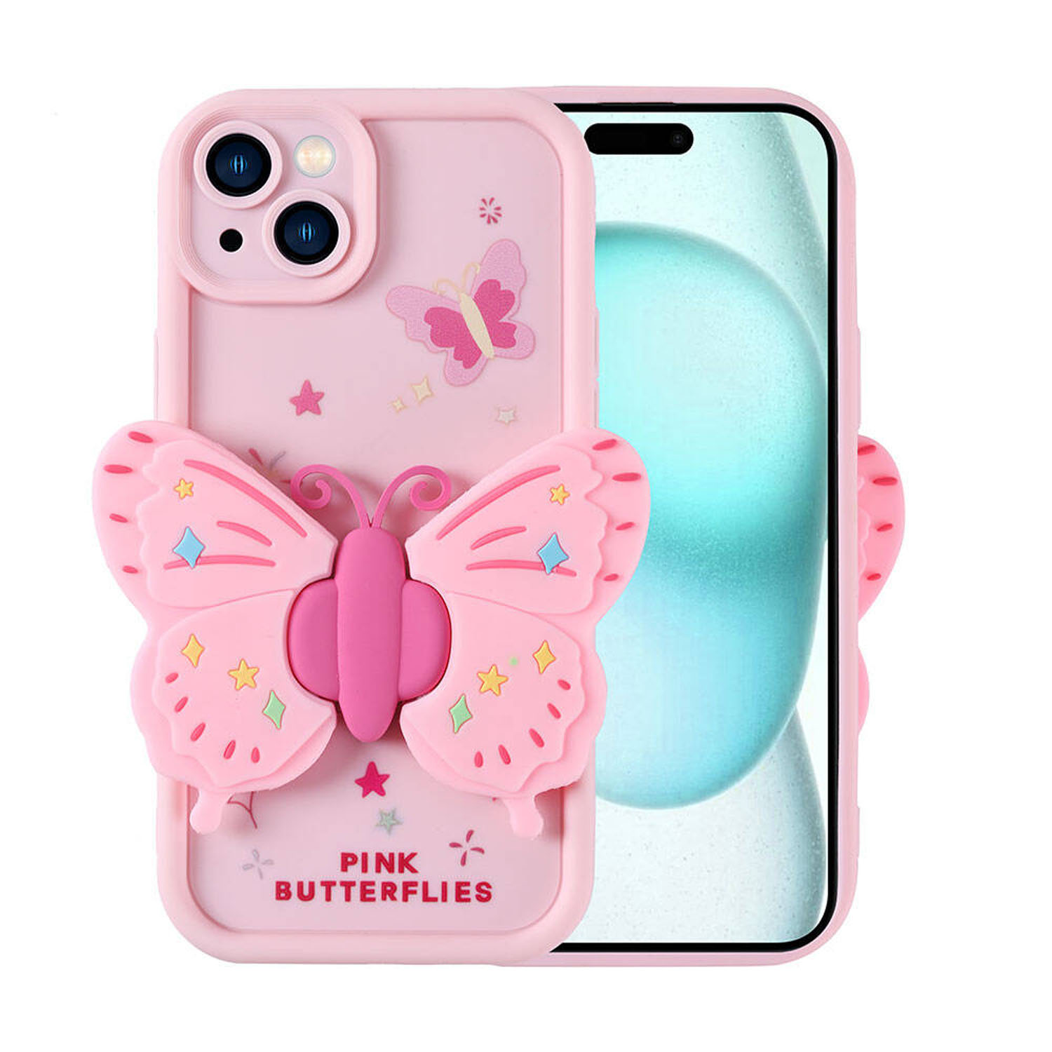 Forzacase iPhone 15 Plus ile uyumlu Butterfly Serisi 3D Kelebek Figür Tasarımlı Silikon Kılıf