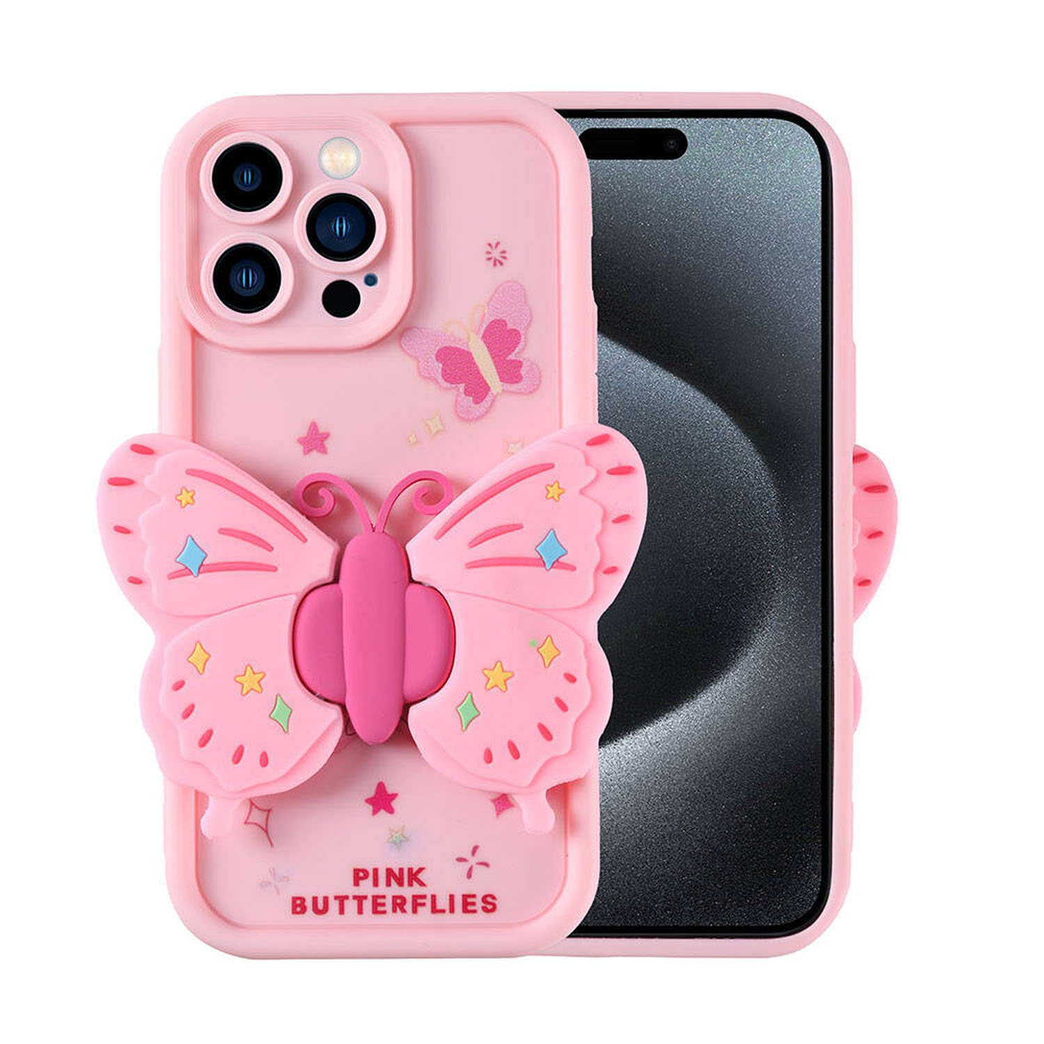 Forzacase iPhone 15 Pro ile uyumlu Butterfly Serisi 3D Kelebek Figür Tasarımlı Silikon Kılıf