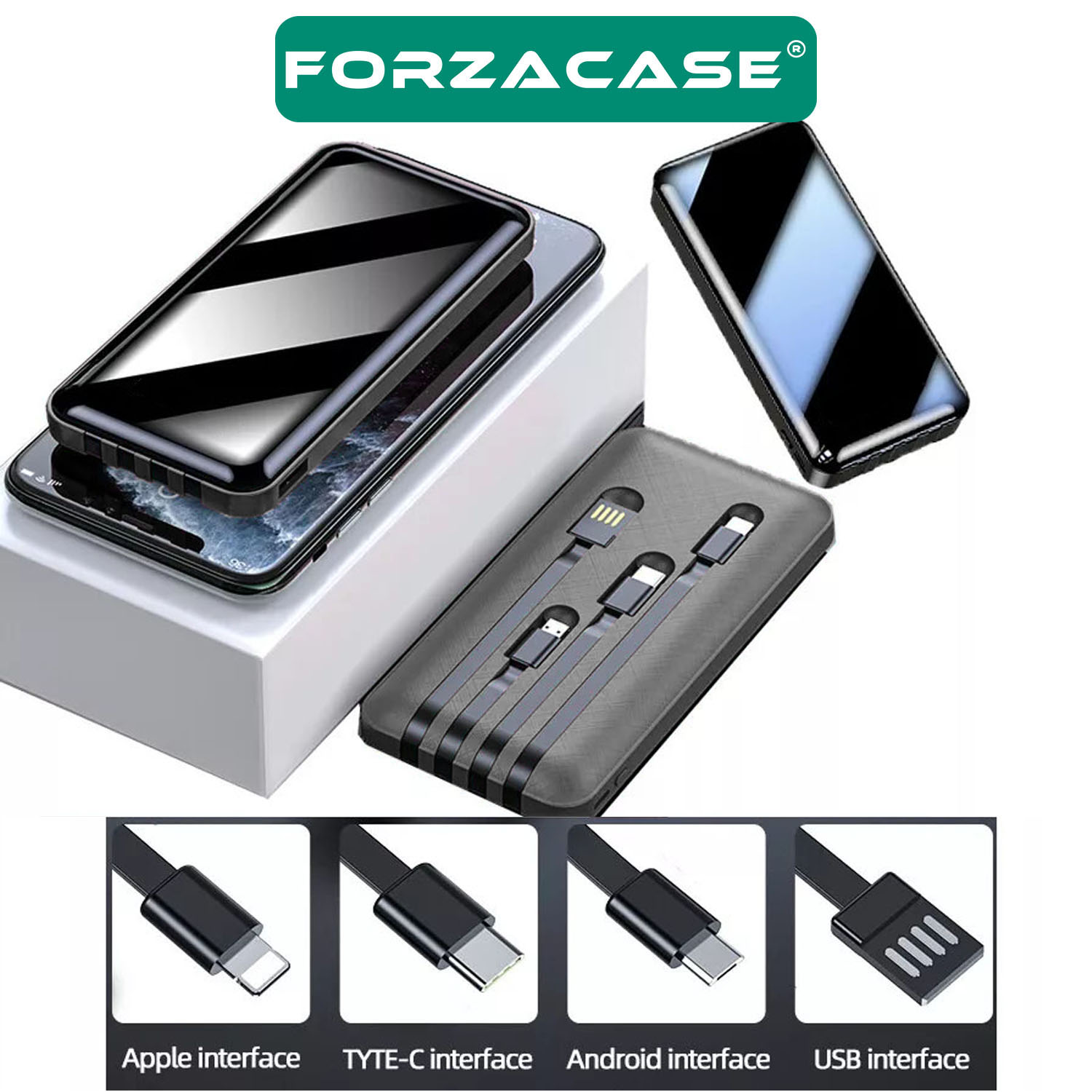 Forzacase 10000 Mah Powerbank LED Panelli Çift Usb Çıkışlı Type-C Micro USB Lightning Kablolu - FC580