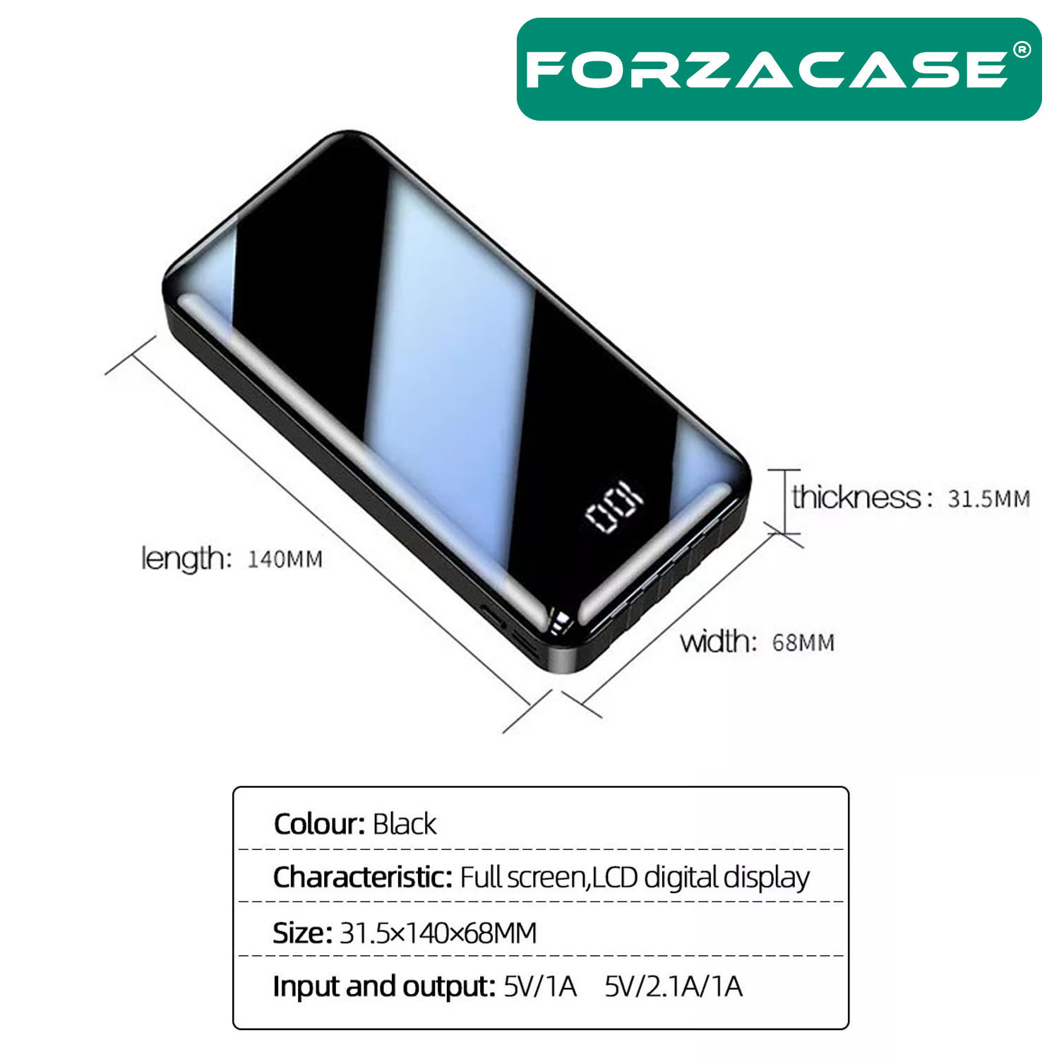 Forzacase 8000 Mah Powerbank LED Panelli Çift Usb Çıkışlı Type-C Micro USB Lightning Kablolu- FC580