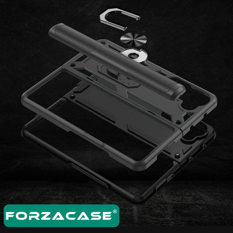 Forzacase Samsung Galaxy Z Fold5 ile uyumlu Ares Serisi Yüzük Standlı Armor Sert Plastik Kılıf