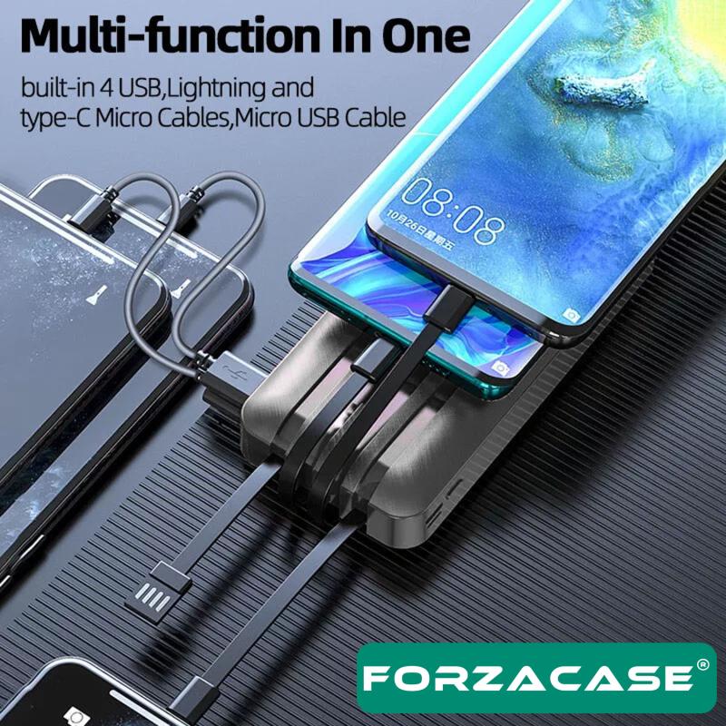 Forzacase 10000 Mah Powerbank LED Panelli Çift Usb Çıkışlı Type-C Micro USB Lightning Kablolu - FC580
