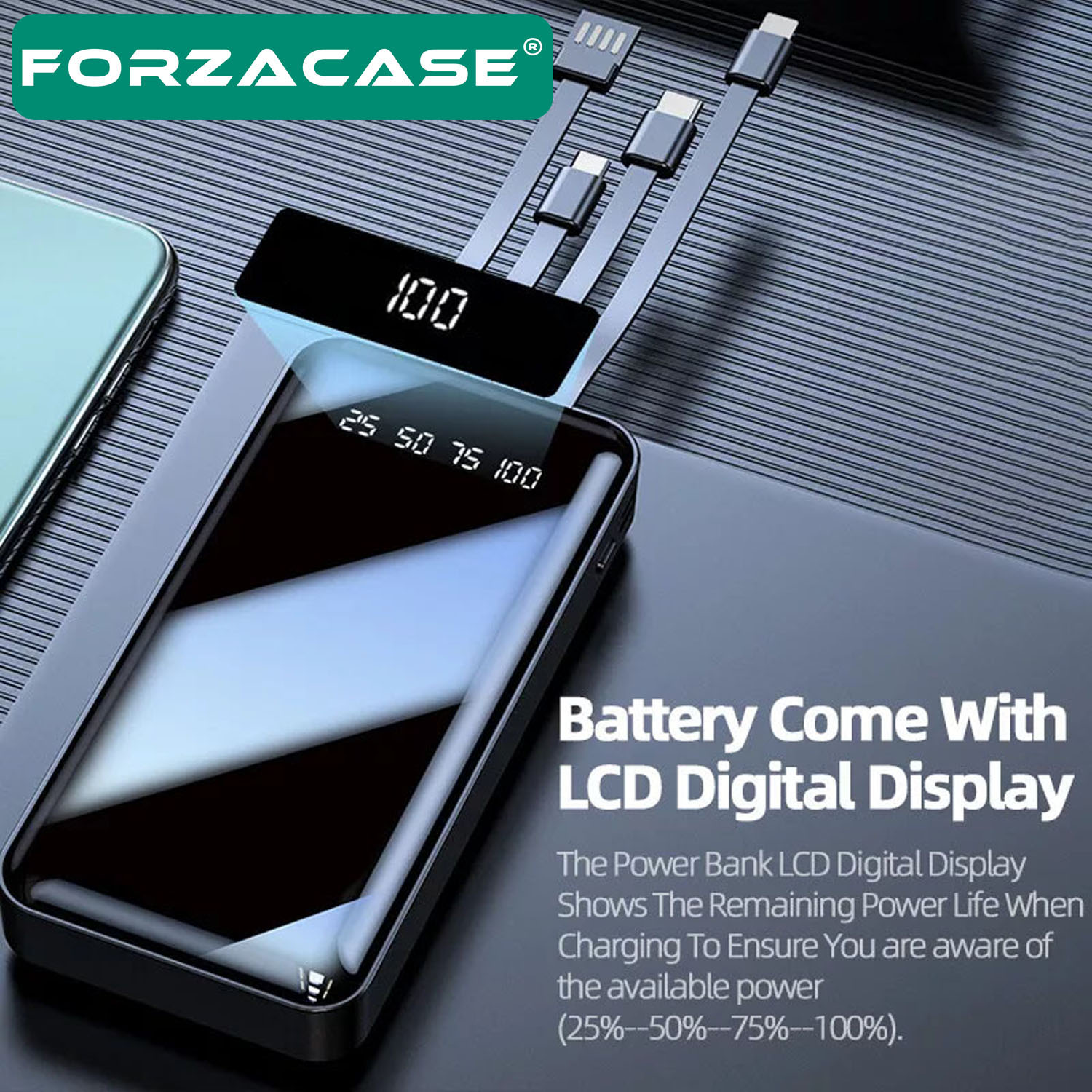 Forzacase 8000 Mah Powerbank LED Panelli Çift Usb Çıkışlı Type-C Micro USB Lightning Kablolu- FC580