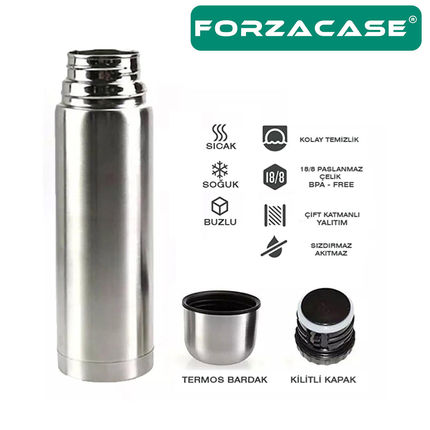 Forzacase Paslanmaz Çelik 500 ml 12 Saat Sıcak Soğuk Tutan Çay Kahve Su Termosu - FC044