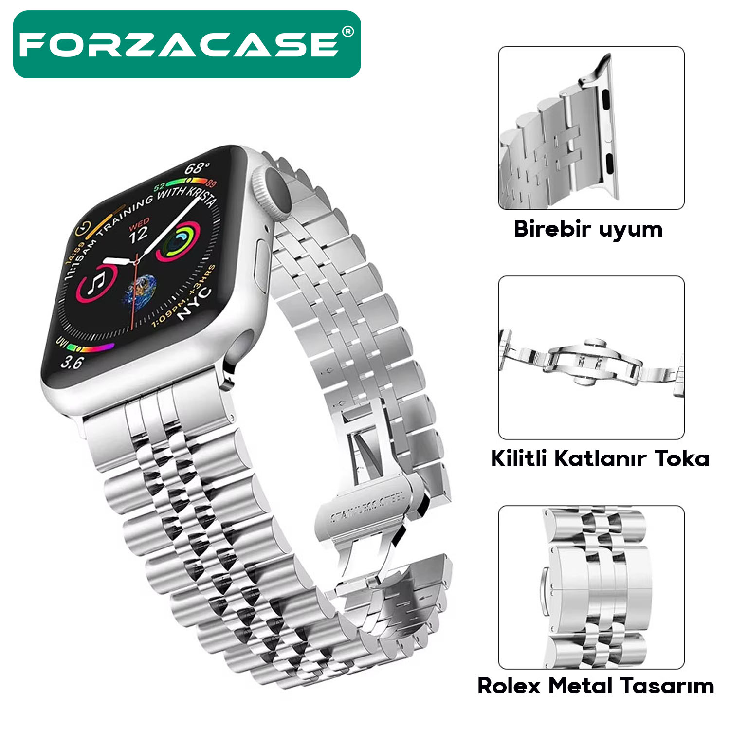 Forzacase Apple Watch 12 46mm ile uyumlu Rolex Tasarım Metal Kordon Kayış - FC878