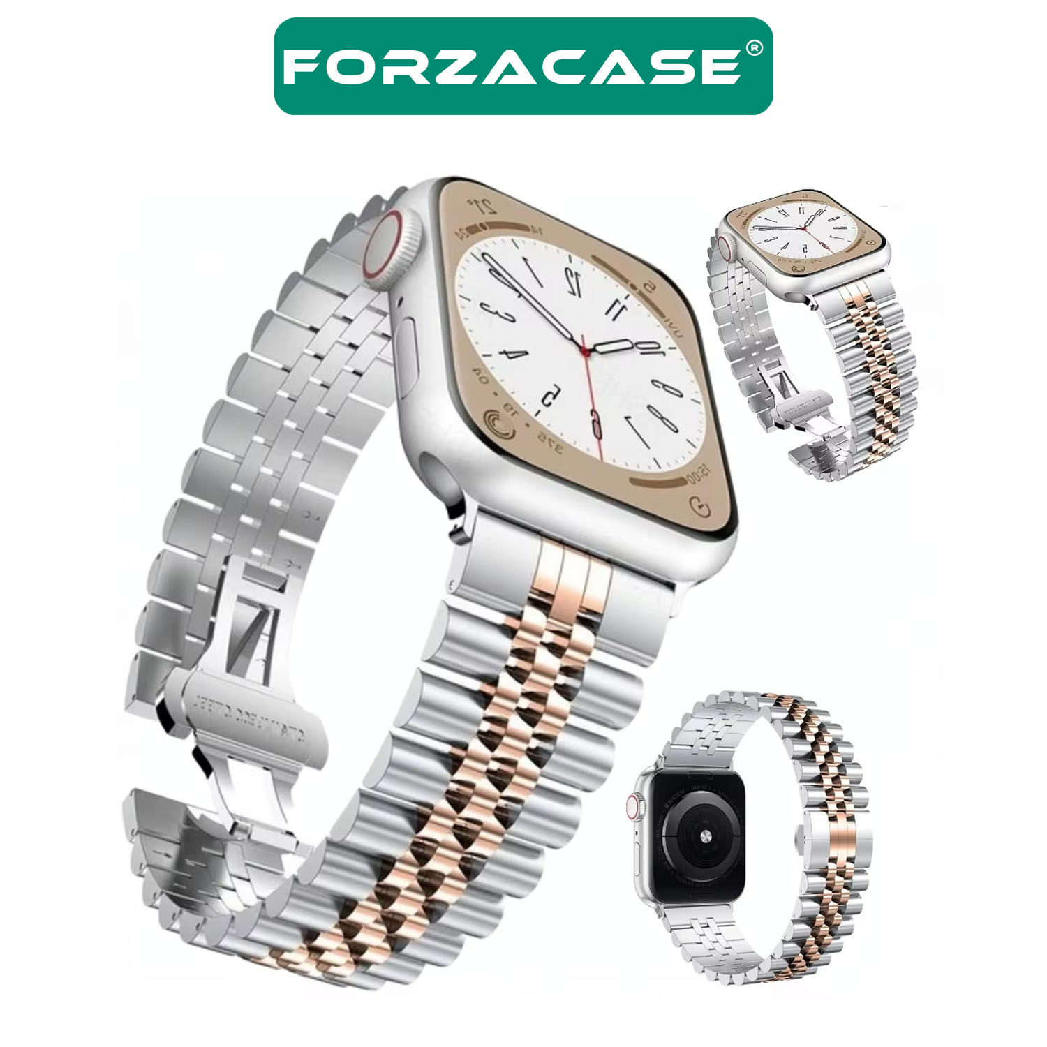 Forzacase Apple Watch 7 45mm ile uyumlu Rolex Tasarım Metal Kordon Kayış - FC878
