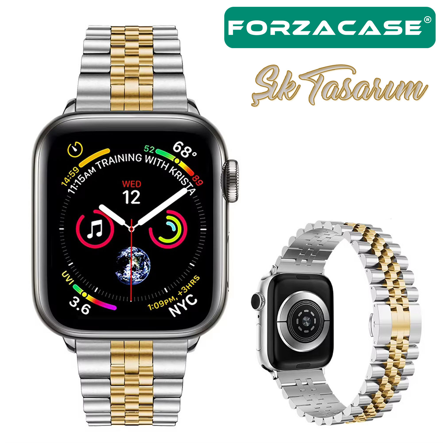 Forzacase Apple Watch 7 41mm ile uyumlu Rolex Tasarım Metal Kordon Kayış - FC879