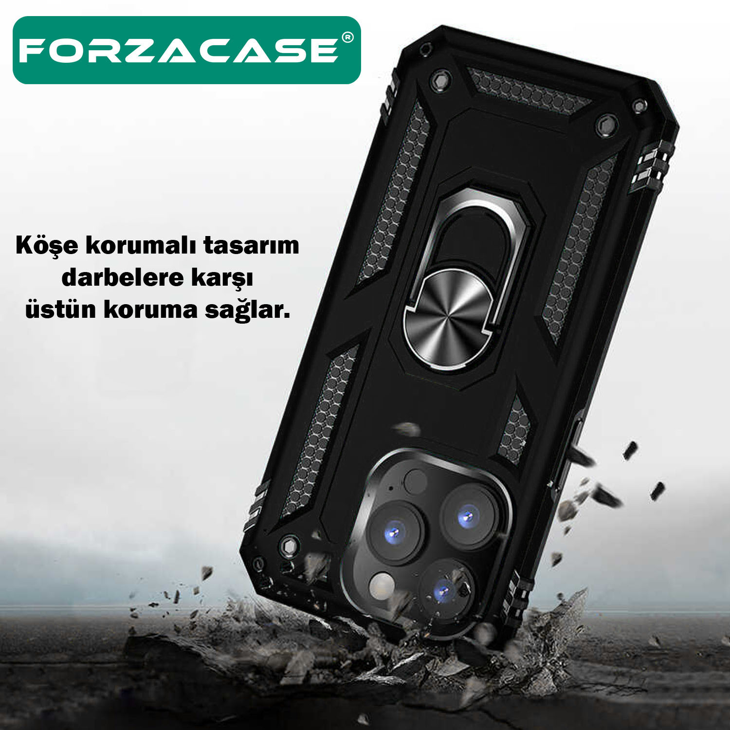 Forzacase iPhone 14 ile uyumlu Ares Serisi Yüzük Standlı Armor Sert Plastik Kılıf