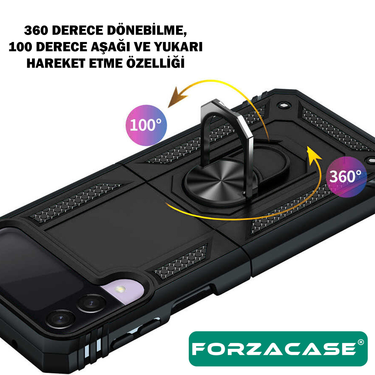 Forzacase iPhone 13 Pro ile uyumlu Ares Serisi Yüzük Standlı Armor Sert Plastik Kılıf