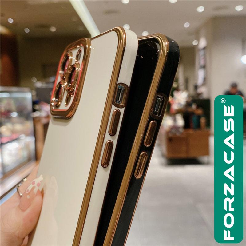 Forzacase iPhone 14 Pro Max uyumlu Luxury Serisi Altın Çerçeveli Silikon Kılıf