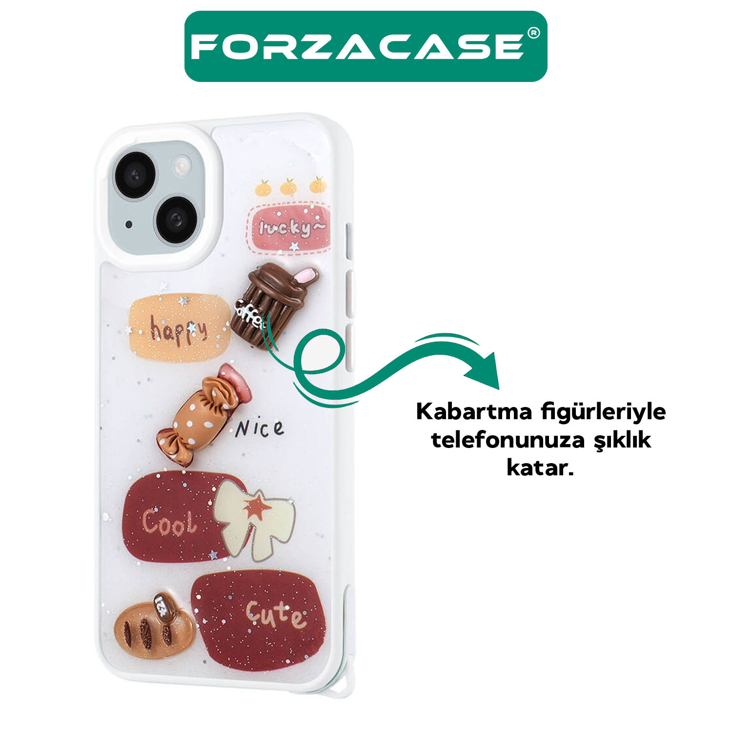 Forzacase iPhone 15 Pro Max ile uyumlu Cute Serisi Parlayan Simli Kabartma Figürlü Kılıf