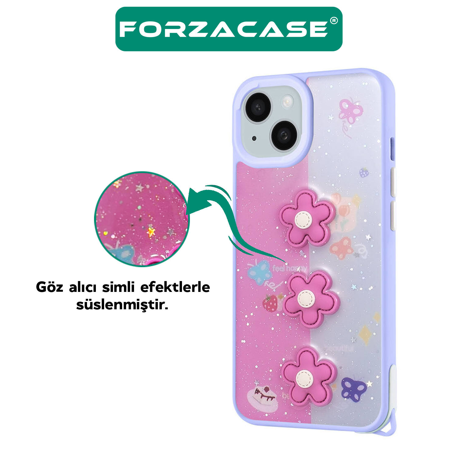 Forzacase iPhone 15 Pro Max ile uyumlu Cute Serisi Parlayan Simli Kabartma Figürlü Kılıf