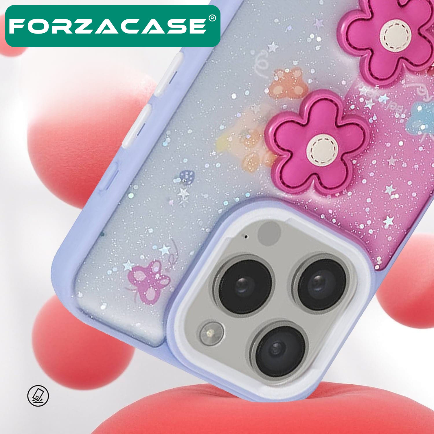 Forzacase iPhone 14 Pro Max ile uyumlu Cute Serisi Parlayan Simli Kabartma Figürlü Kılıf