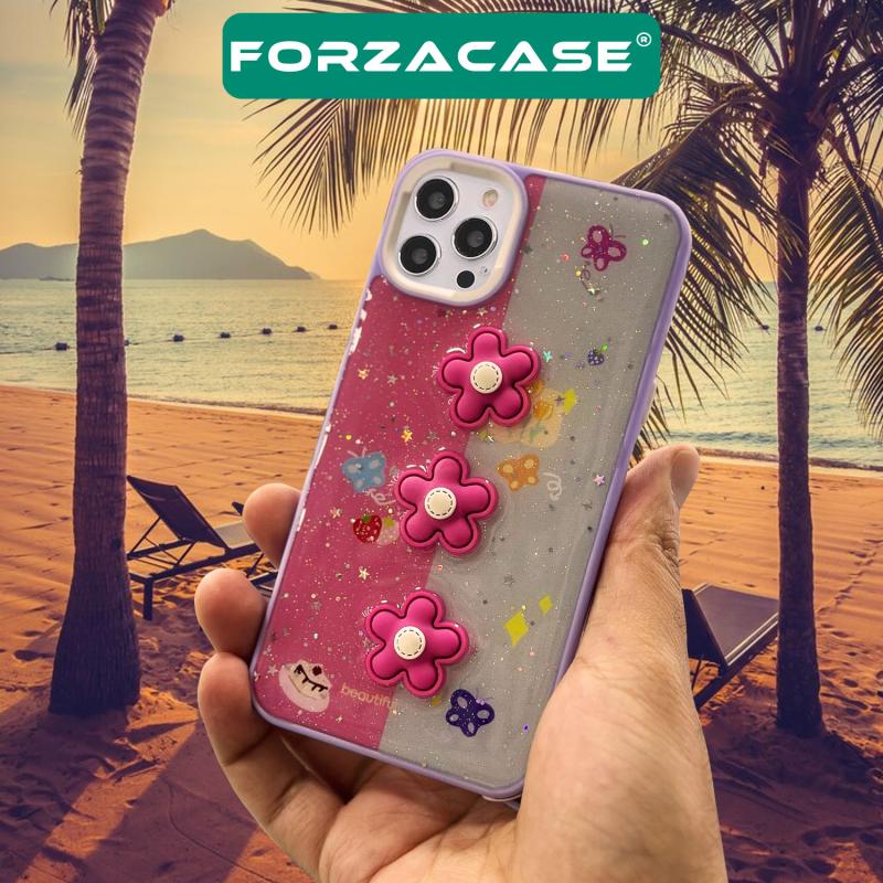 Forzacase iPhone 14 Pro Max ile uyumlu Cute Serisi Parlayan Simli Kabartma Figürlü Kılıf