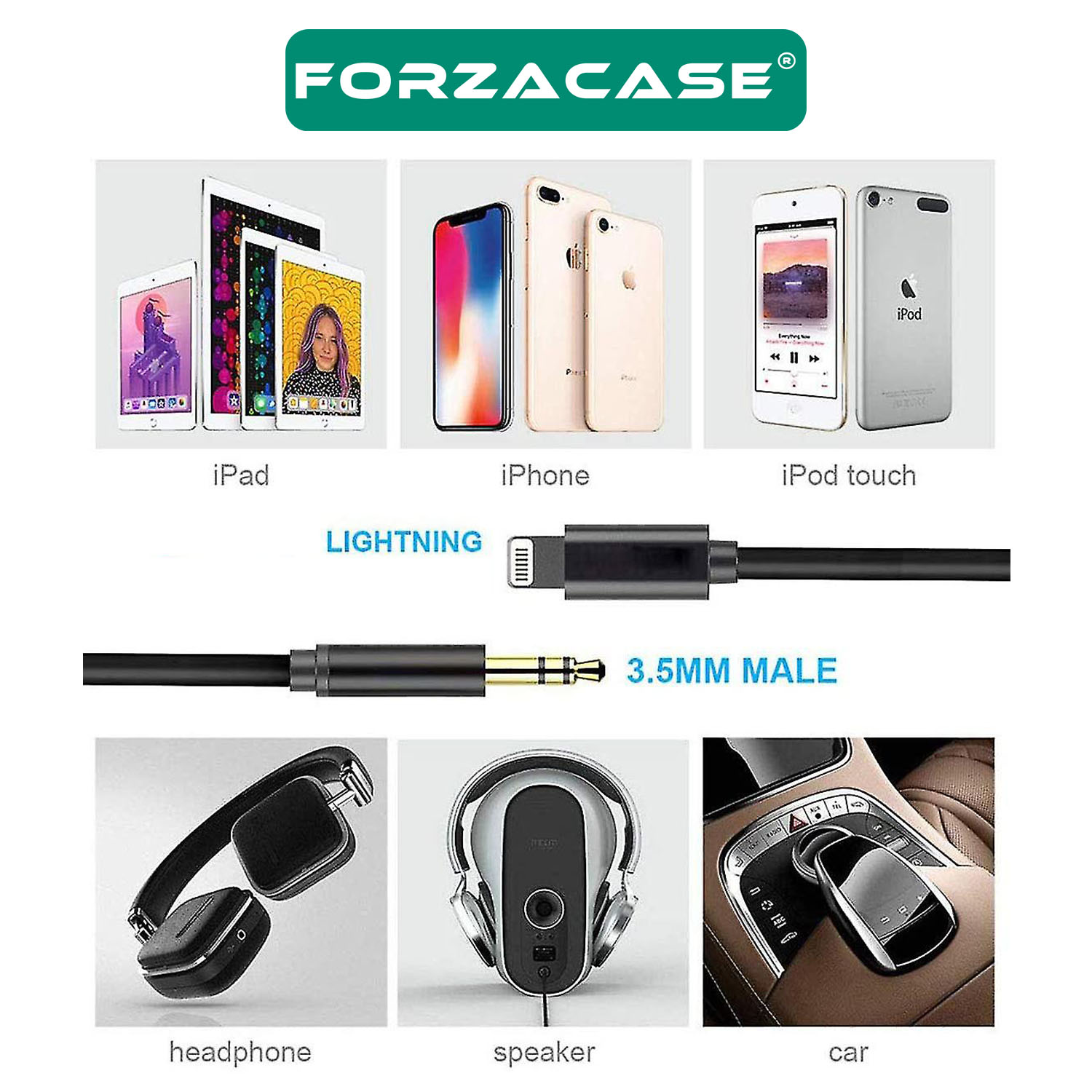 Forzacase iPhone iPad Lightning to 3.5 mm Aux Çevirici Ses Aktarım Kablosu 1m - FC070