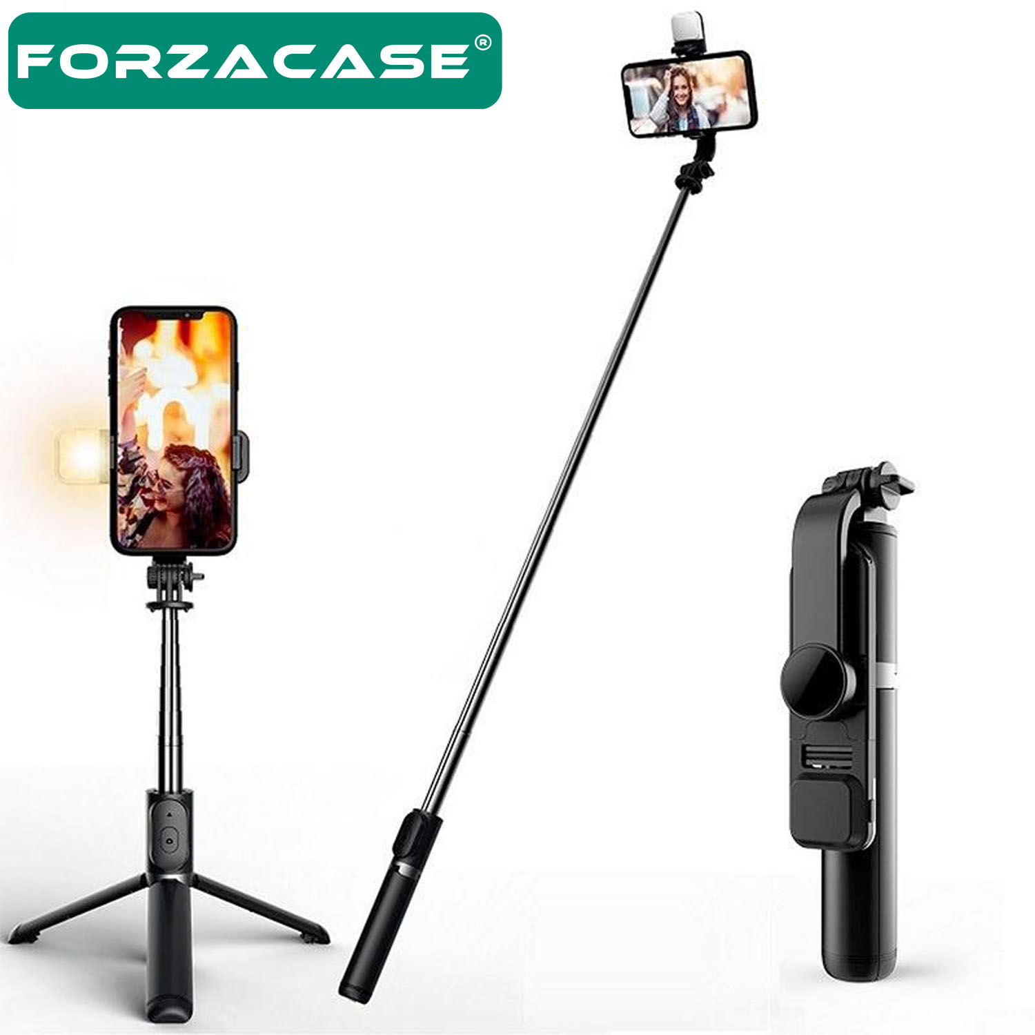 Forzacase Telefonlar için Işıklı Kablosuz Bluetooth Selfie Çubuğu 90 cm 3 Ayak Kamera Tripodu FC1006