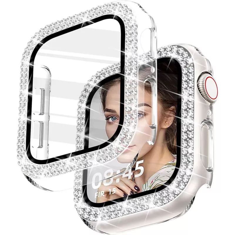 Forzacase Apple Watch 11 42mm ile uyumlu Elmas Taşlı Ekran Koruyuculu Plastik Kılıf Şeffaf - FC1010