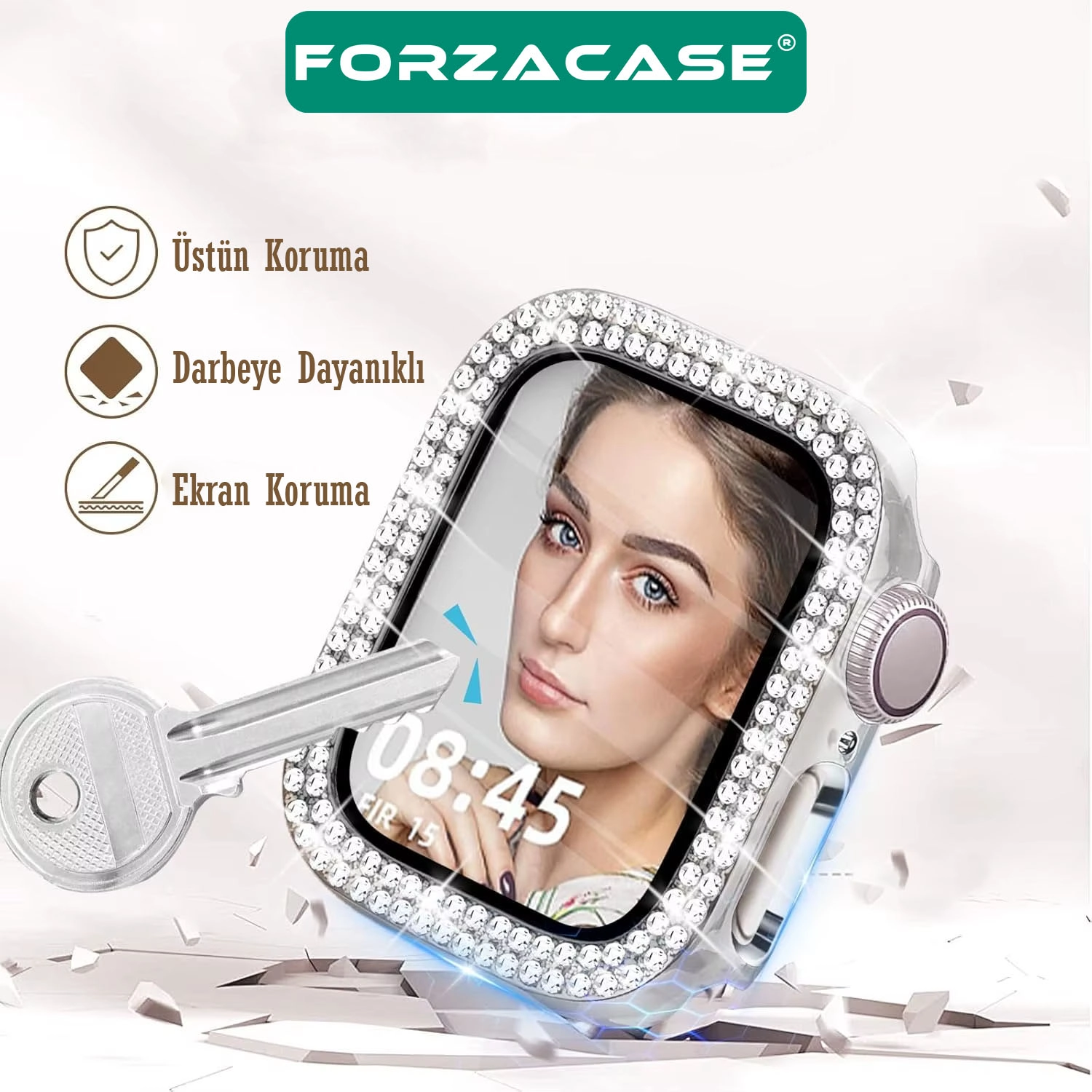 Forzacase Apple Watch 11 46mm ile uyumlu Elmas Taşlı Ekran Koruyuculu Plastik Kılıf Şeffaf - FC1010