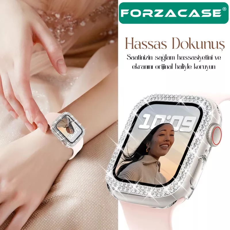 Forzacase Apple Watch 11 42mm ile uyumlu Elmas Taşlı Ekran Koruyuculu Plastik Kılıf Şeffaf - FC1010