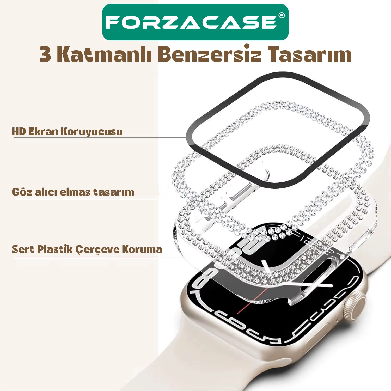 Forzacase Apple Watch 10 46mm ile uyumlu Elmas Taşlı Ekran Koruyuculu Plastik Kılıf Şeffaf - FC1010