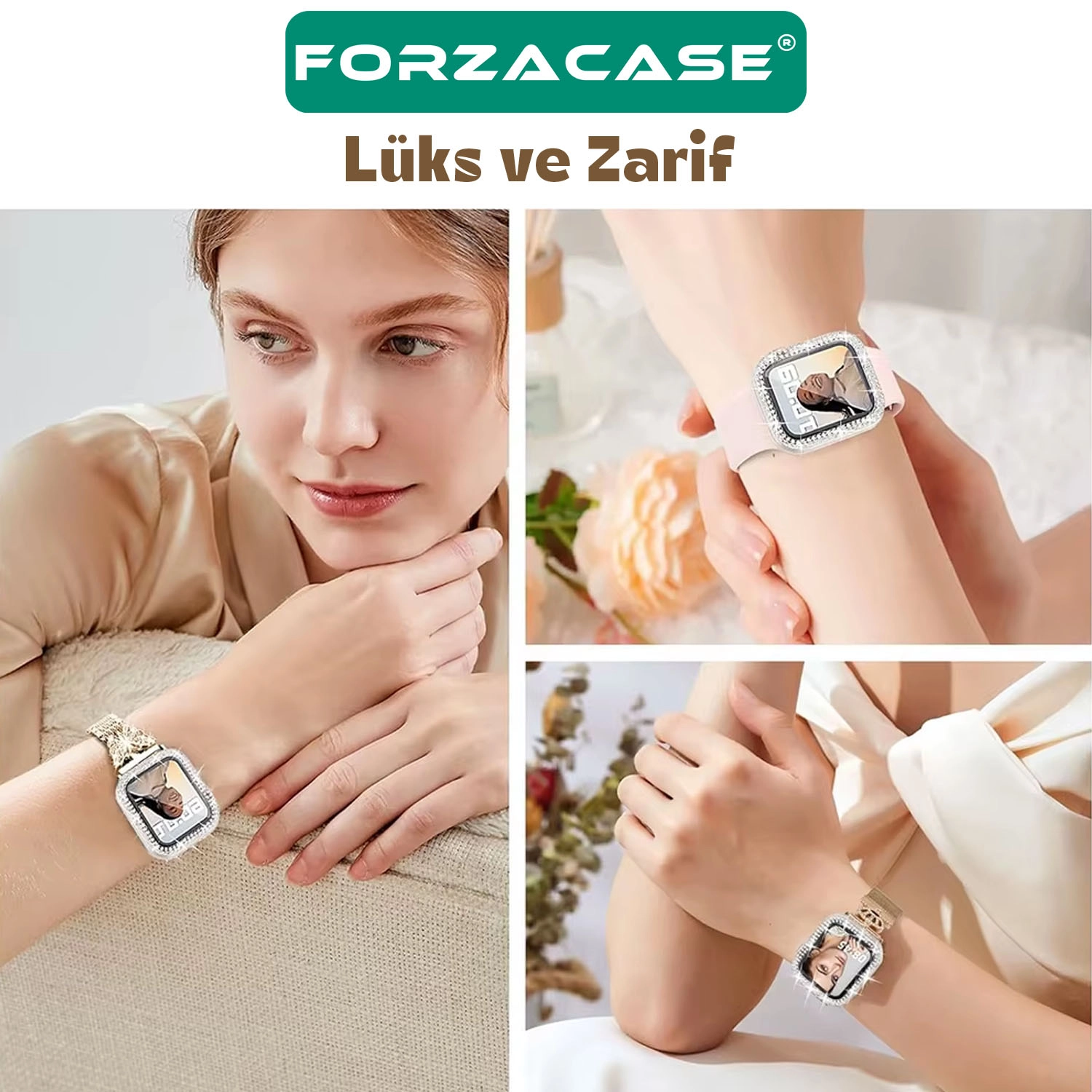 Forzacase Apple Watch 10 46mm ile uyumlu Elmas Taşlı Ekran Koruyuculu Plastik Kılıf Şeffaf - FC1010