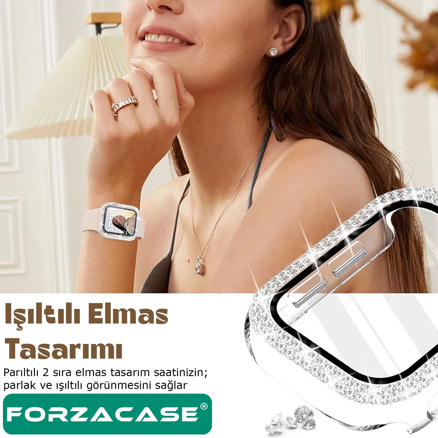 Forzacase Apple Watch 10 42mm ile uyumlu Elmas Taşlı Ekran Koruyuculu Plastik Kılıf Şeffaf - FC1010