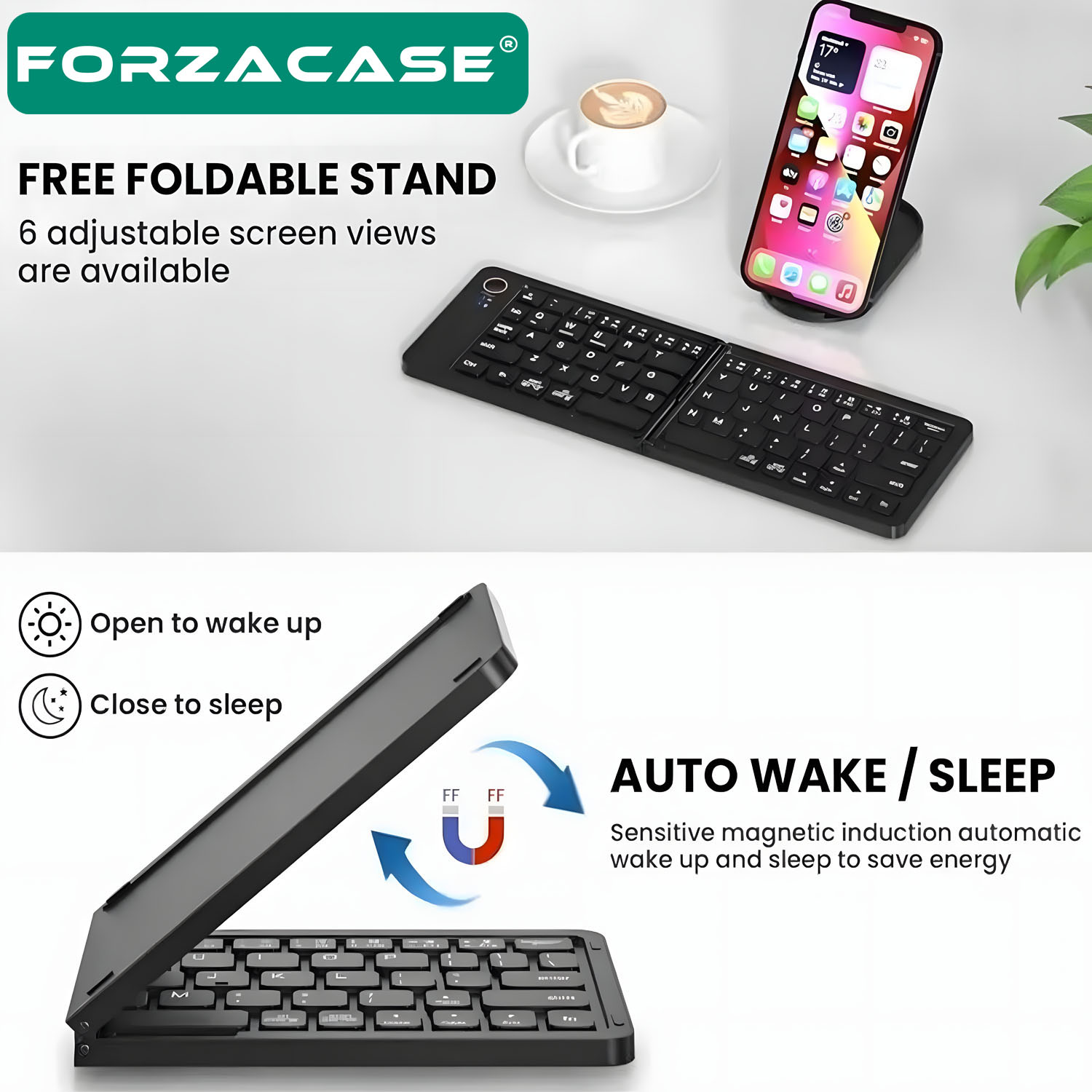 Forzacase Tablet Telefon için Şarjlı Katlanabilir Taşınabilir Kablosuz Bluetooth Mini Klavye FC1030