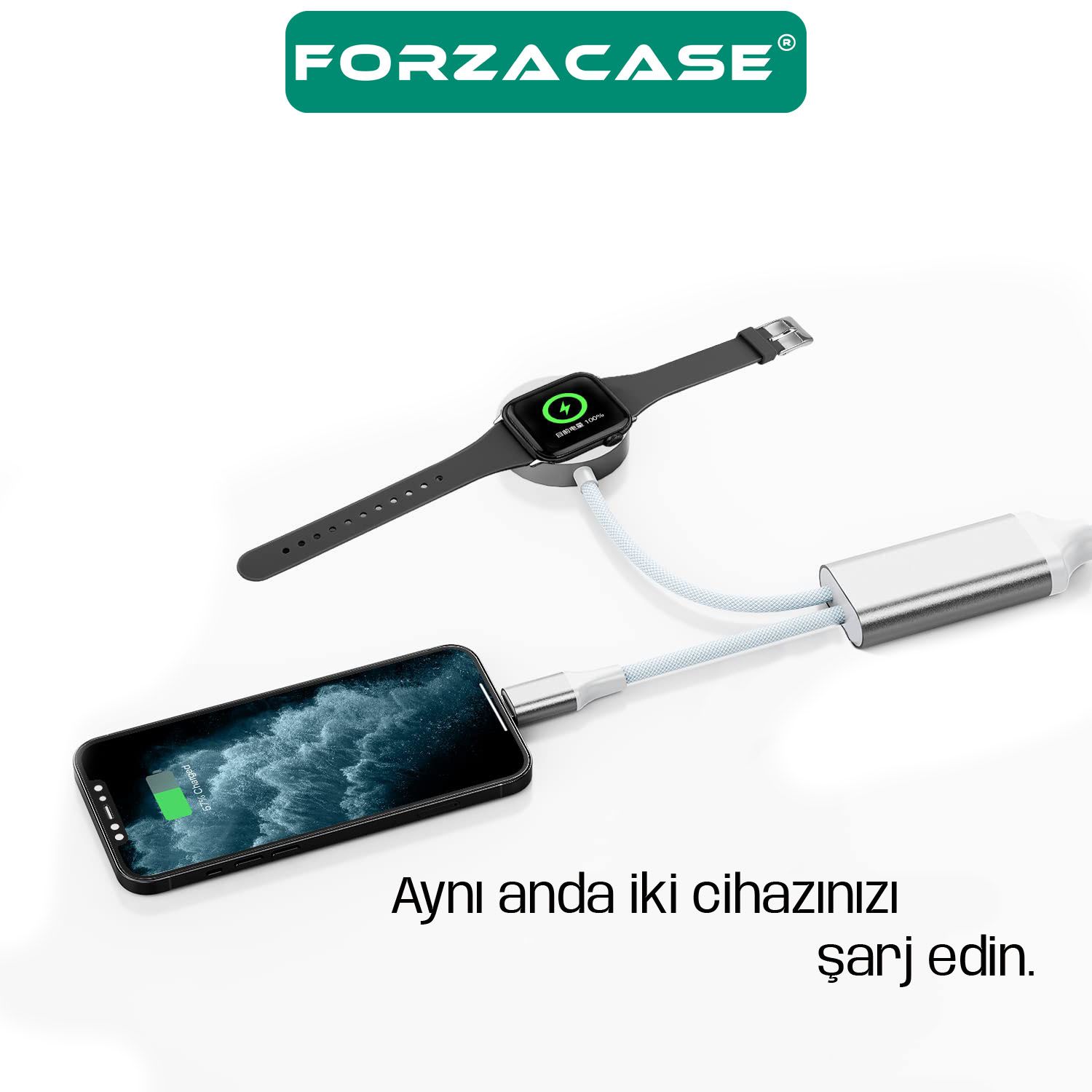 Forzacase Type-C Giriş 60W 2in1 Type-C ve Apple Watch Çoklu Şarj Kablosu Örgü Kablo Tasarım - FC1036