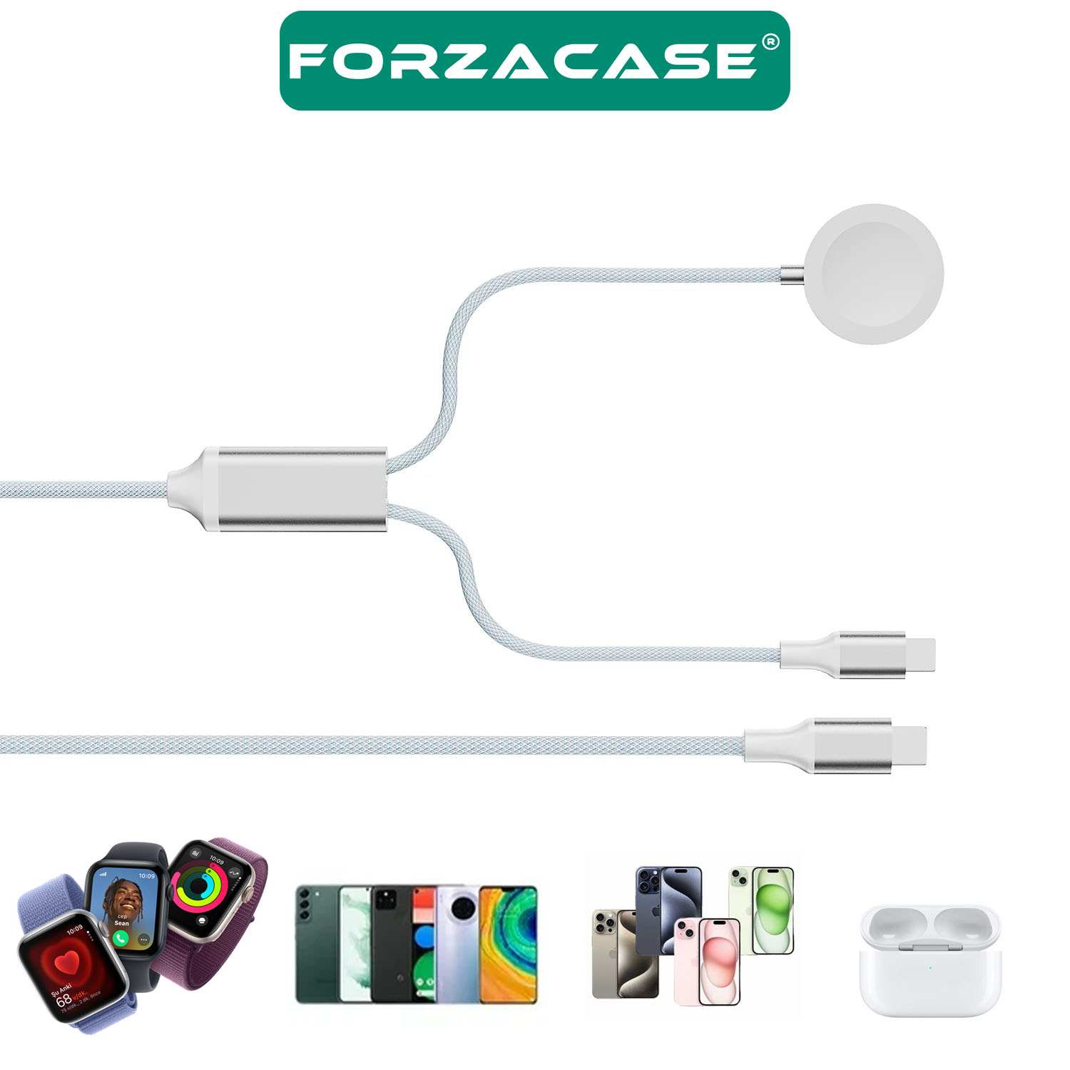 Forzacase Type-C Giriş 60W 2in1 Type-C ve Apple Watch Çoklu Şarj Kablosu Örgü Kablo Tasarım - FC1036
