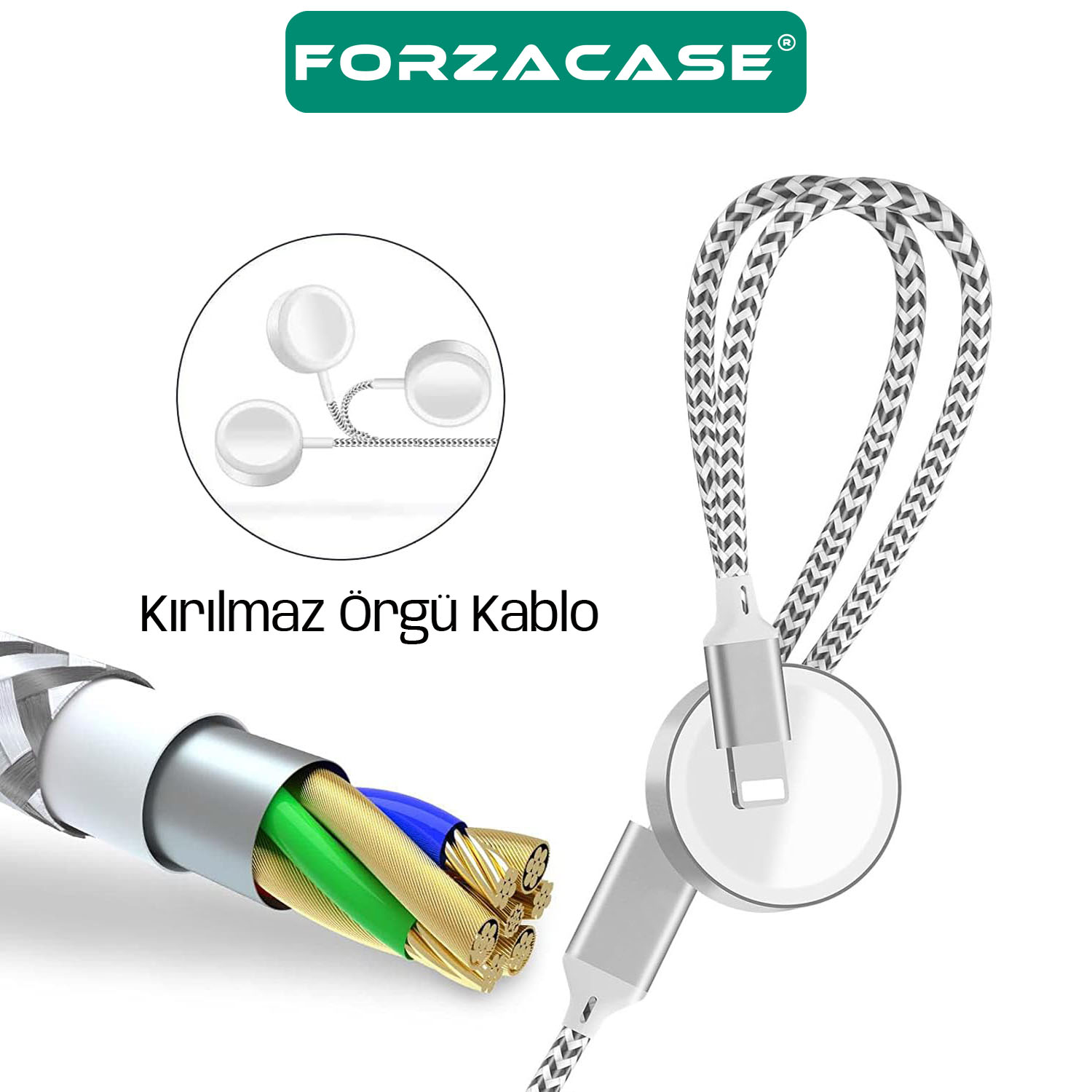 Forzacase Type-C Giriş 60W 2in1 Type-C ve Apple Watch Çoklu Şarj Kablosu Örgü Kablo Tasarım - FC1036