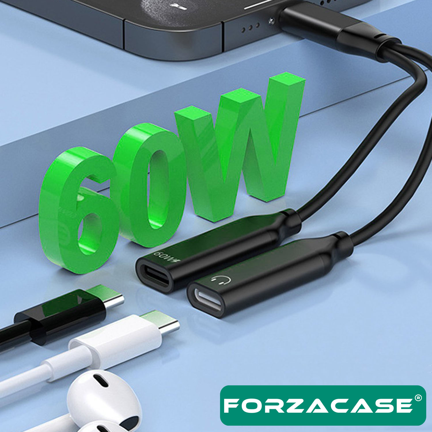Forzacase iPhone 15 16 ile uyumlu 2in1 Type-C Şarj + Kulaklık Çevirici Adaptör 60W - FC1037