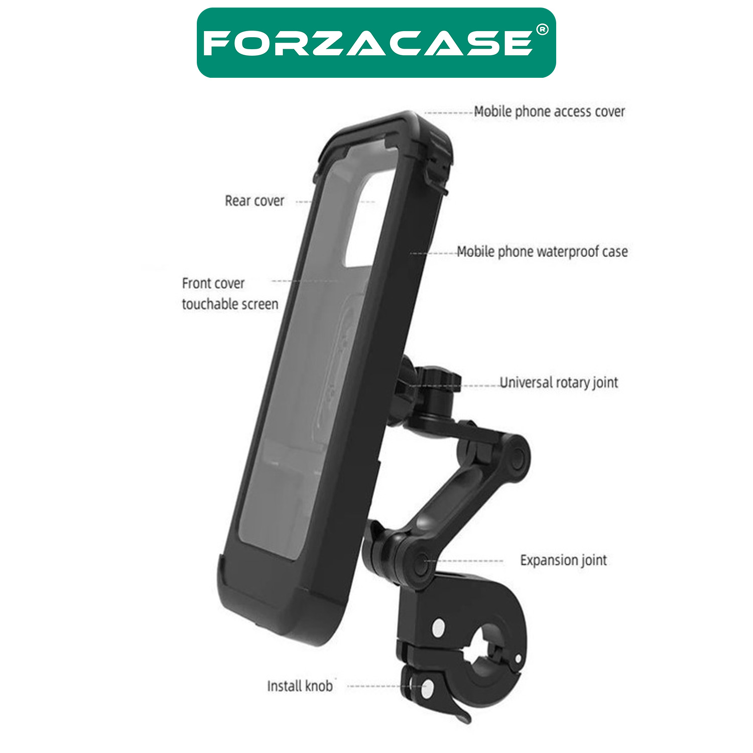 Forzacase Bisiklet Motosiklet Scooter için Gidon Uyumlu Önü Kapalı Su Geçirmez Telefon Tutucu FC1038
