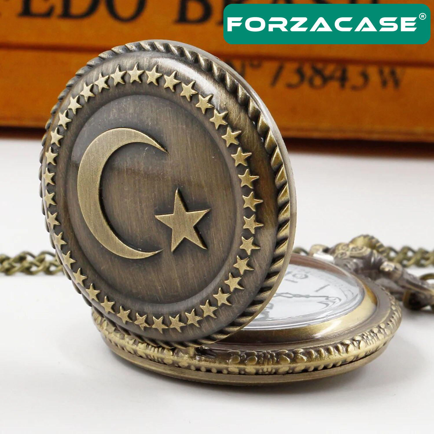 Forzacase Retro Vintage Özel Ay Yıldız İşlemeli Türk Bayraklı Köstekli Cep Saati - FC1048