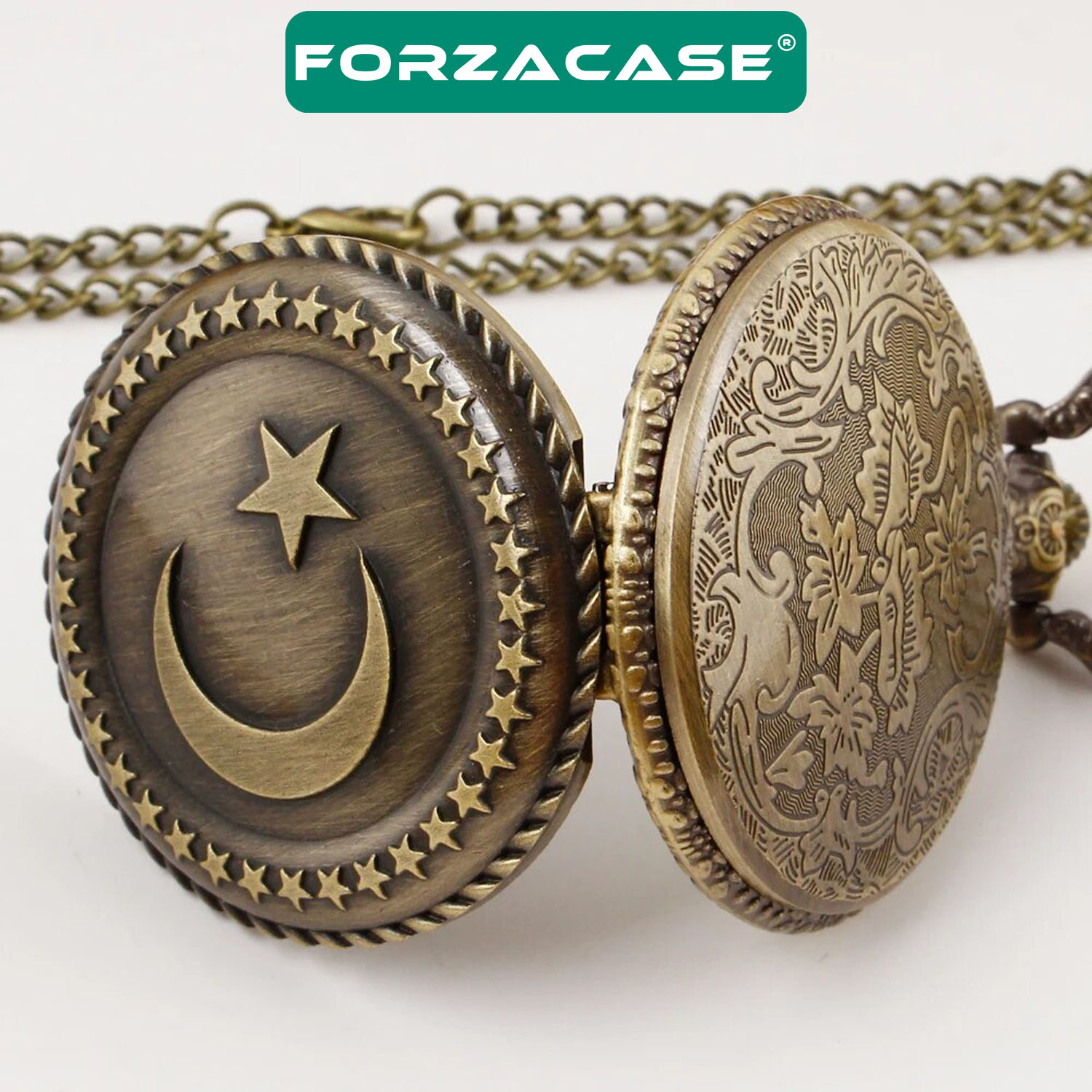 Forzacase Retro Vintage Özel Ay Yıldız İşlemeli Türk Bayraklı Köstekli Cep Saati - FC1048