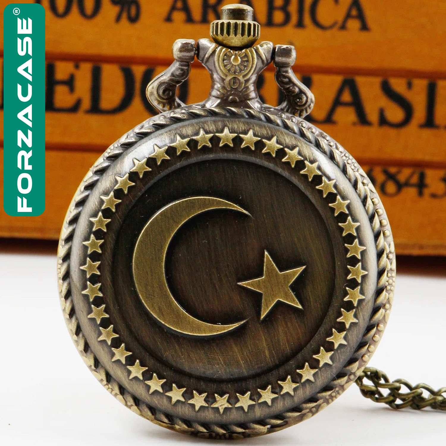 Forzacase Retro Vintage Özel Ay Yıldız İşlemeli Türk Bayraklı Köstekli Cep Saati - FC1048