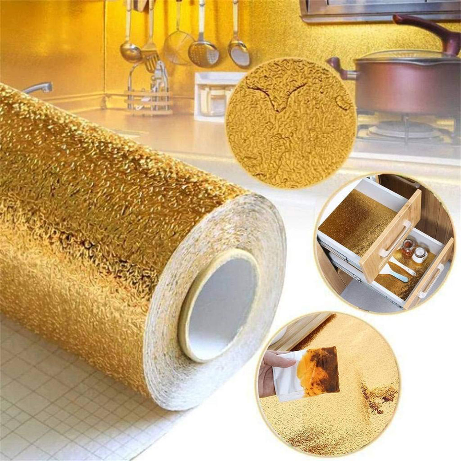 Forzacase 1 metre Isıya Dayanıklı Yapışkanlı Kolay Silinebilir Mutfak Tezgah Üstü Folyo Gold FC1050