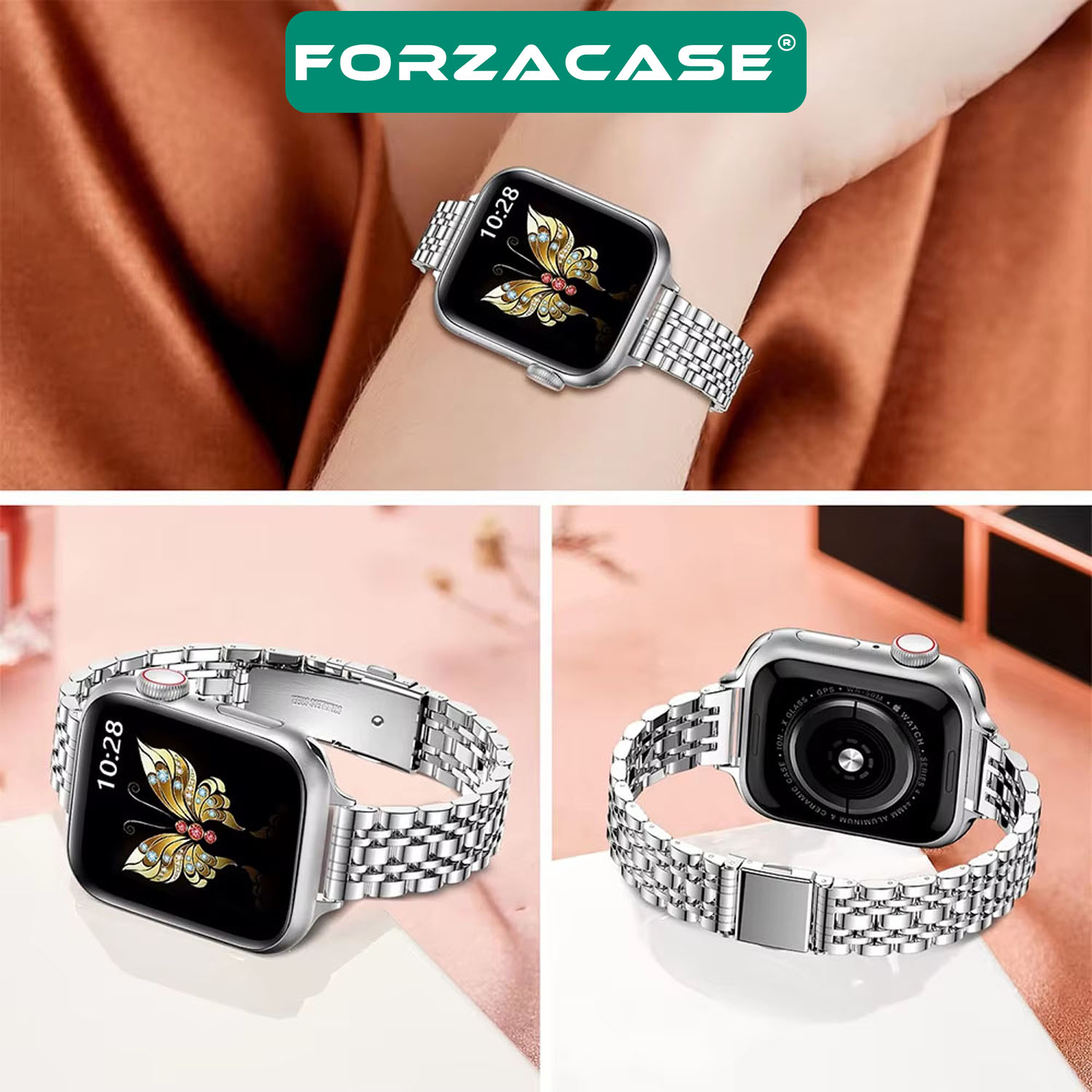 Forzacase Apple Watch 12 46mm ile uyumlu İnce Rolex Tasarım Metal Kordon Kayış - FC1061