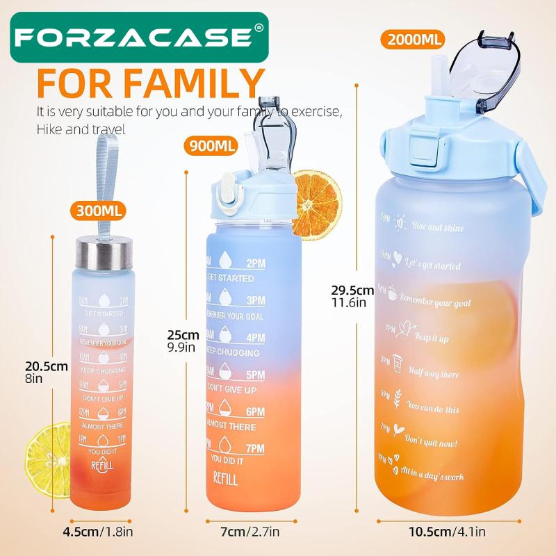 Forzacase Motivasyonel Spor Günlük 3lü Set Su Matarası Su Şişesi Suluk 2lt + 900ml + 300ml - FC107