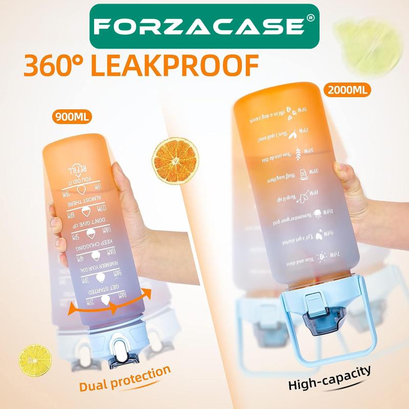 Forzacase Motivasyonel Spor Günlük 3lü Set Su Matarası Su Şişesi Suluk 2lt + 900ml + 300ml - FC107