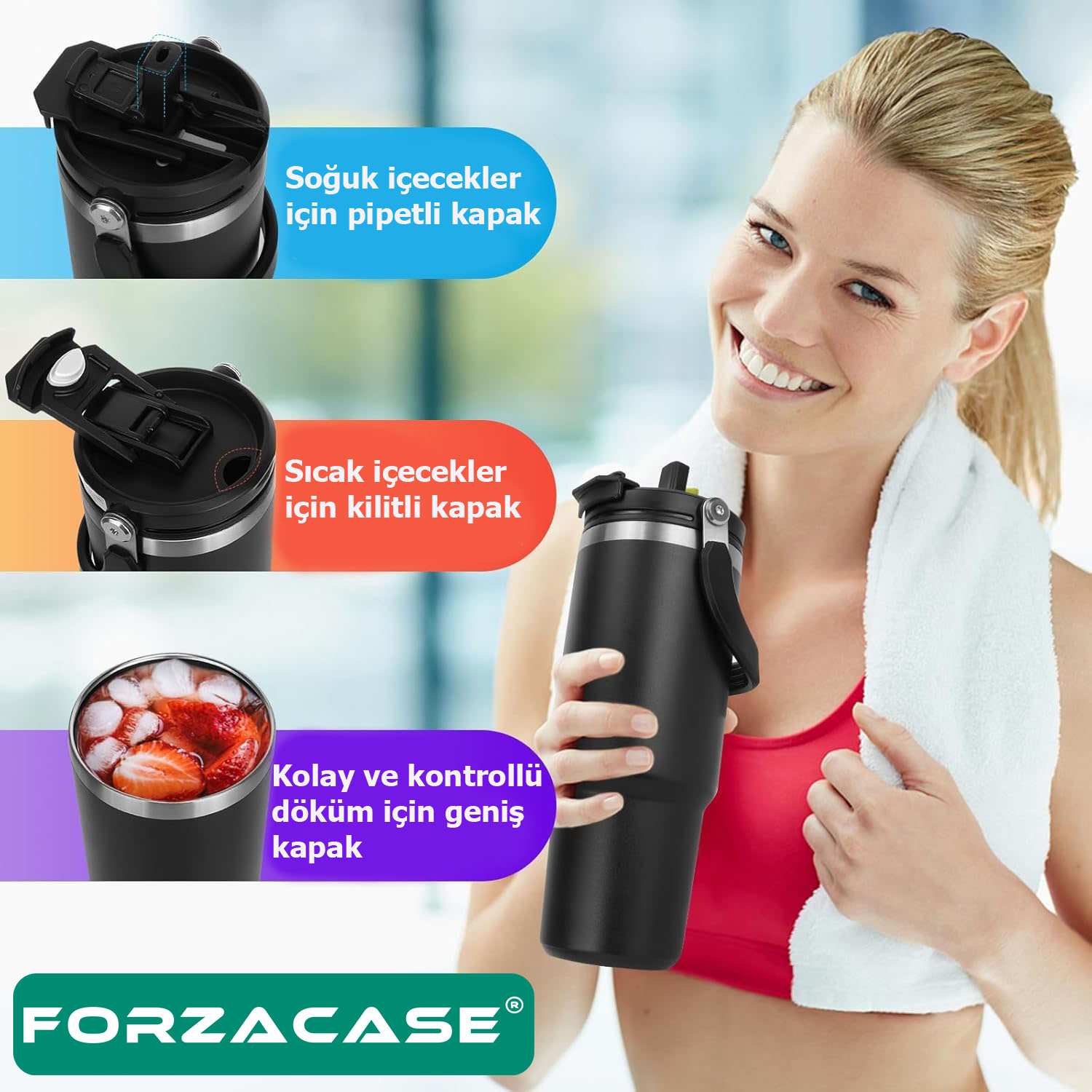 Forzacase 800 ml Paslanmaz Çelik Pipetli ve Kilit Kapaklı Kulplu Termos 6 Saat Sıcak/Soğuk - FC1084
