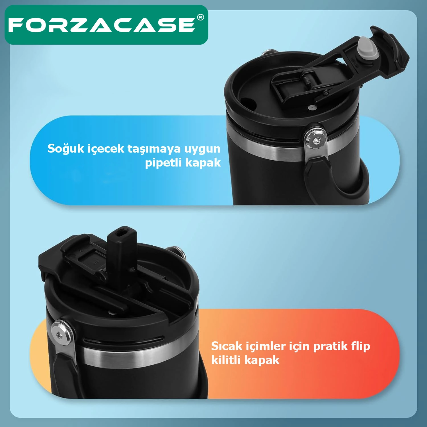 Forzacase 900 ml Paslanmaz Çelik Pipetli ve Kilit Kapaklı Kulplu Termos 6 Saat Sıcak/Soğuk - FC1180