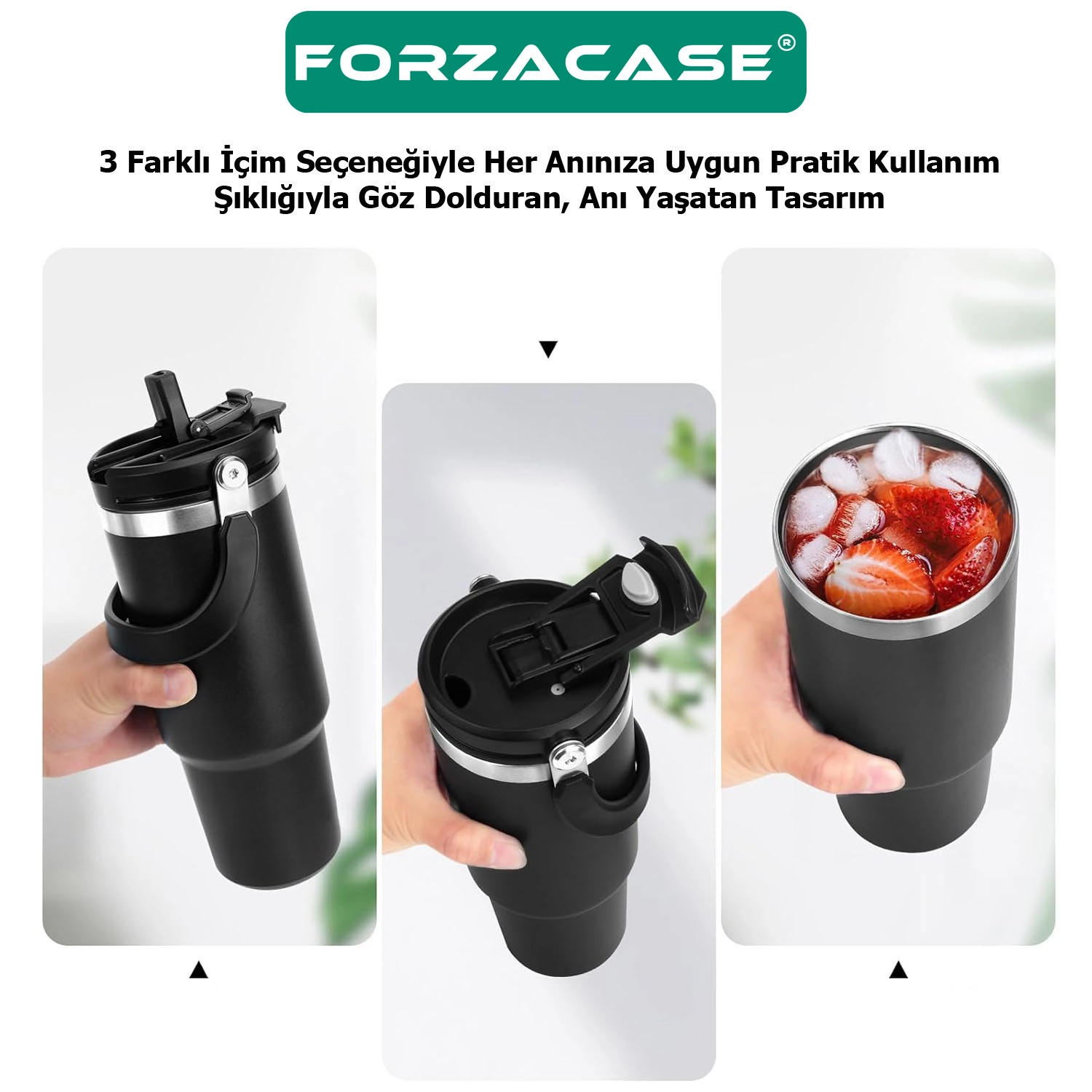 Forzacase 900 ml Paslanmaz Çelik Pipetli ve Kilit Kapaklı Kulplu Termos 6 Saat Sıcak/Soğuk - FC1180