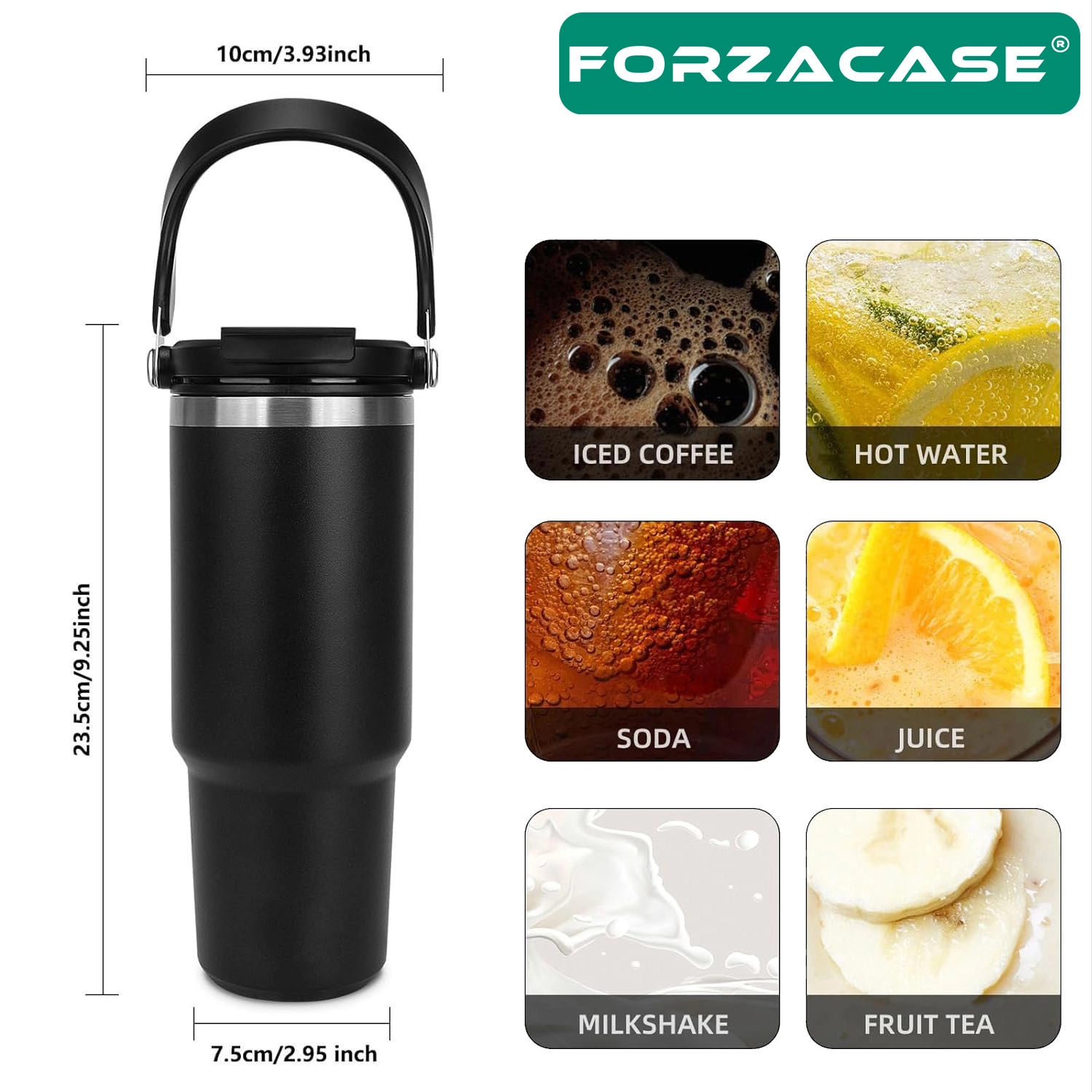Forzacase 900 ml Paslanmaz Çelik Pipetli ve Kilit Kapaklı Kulplu Termos 6 Saat Sıcak/Soğuk - FC1180