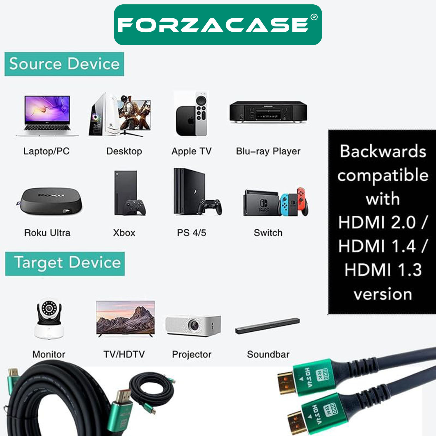 Forzacase Ultra HDTV 8K Yüksek Hızlı HDMI Kablosu - 1.5 Metre | TV PS5 8K 60Hz, 4K 120Hz - FC1085